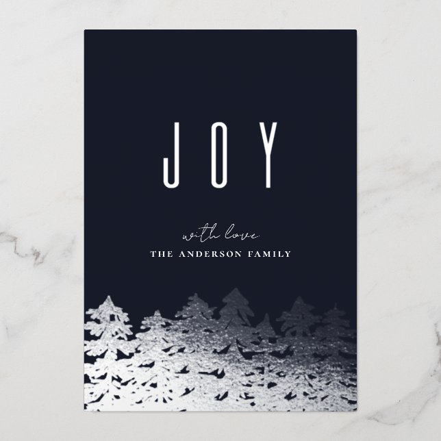 Joy. Christmas silver tree. Navy modern pines Foil Holiday Card (Front)
