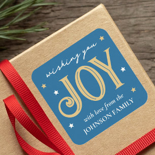 Joy Christmas Star Personalised Family Name Blue Square Sticker