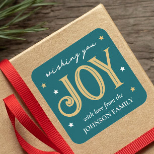 Joy Christmas Star Personalised Family Name Teal Square Sticker