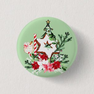 JOY Christmas Tree Flowers Candy Cane 3 Cm Round Badge