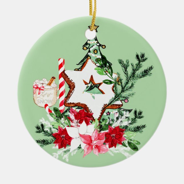 JOY Christmas Tree Flowers Candy Cane Ceramic Tree Decoration (Front)