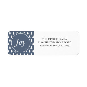Joy Christmas Tree Pattern Blue Return Address