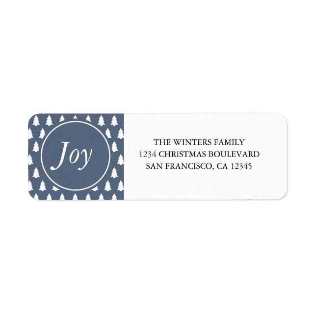 Joy Christmas Tree Pattern Blue Return Address (Front)