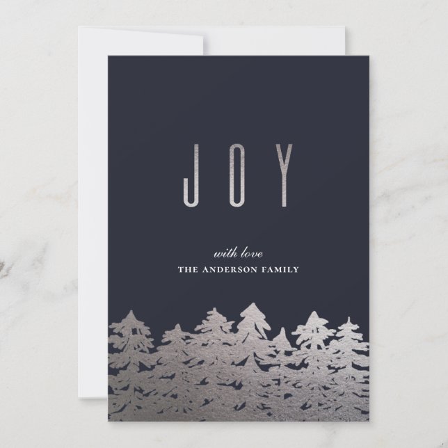 Joy. Christmas tree. Silver pines. Navy modern Holiday Card (Front)