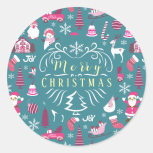 Joy Christmas Turquoise Classic Round Sticker