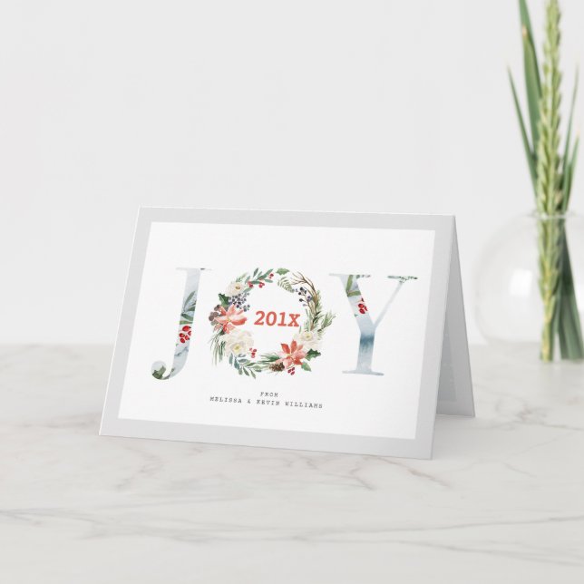 Joy Christmas Typography & TFloral Wreath Holiday Card (Front)
