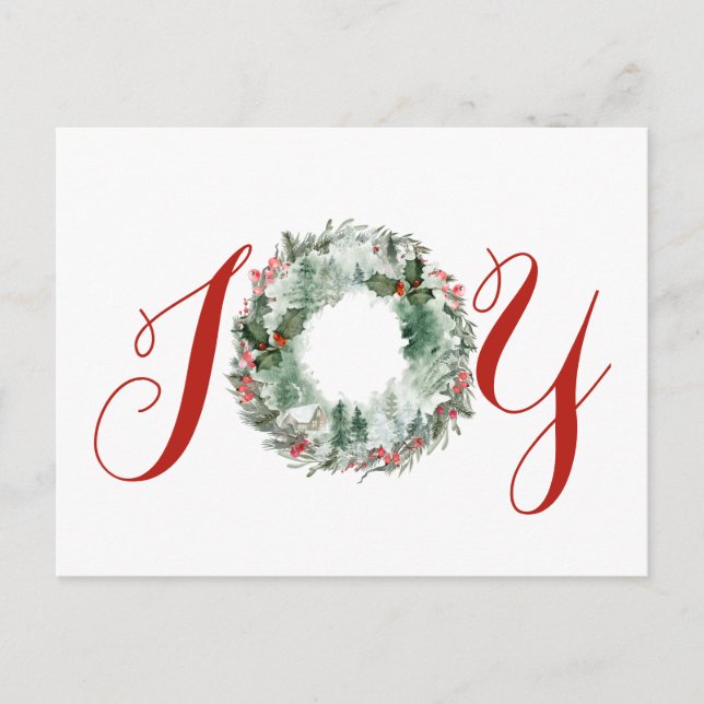 Joy Christmas Watercolor Plush Wreath Holiday Postcard (Front)