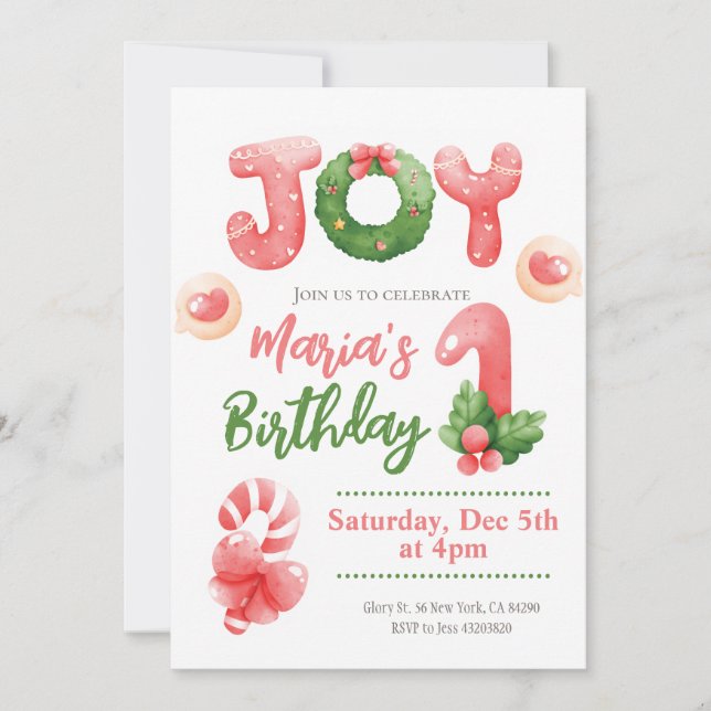 Joy Christmas Winter Kids 1st Birthday Invitation (Front)