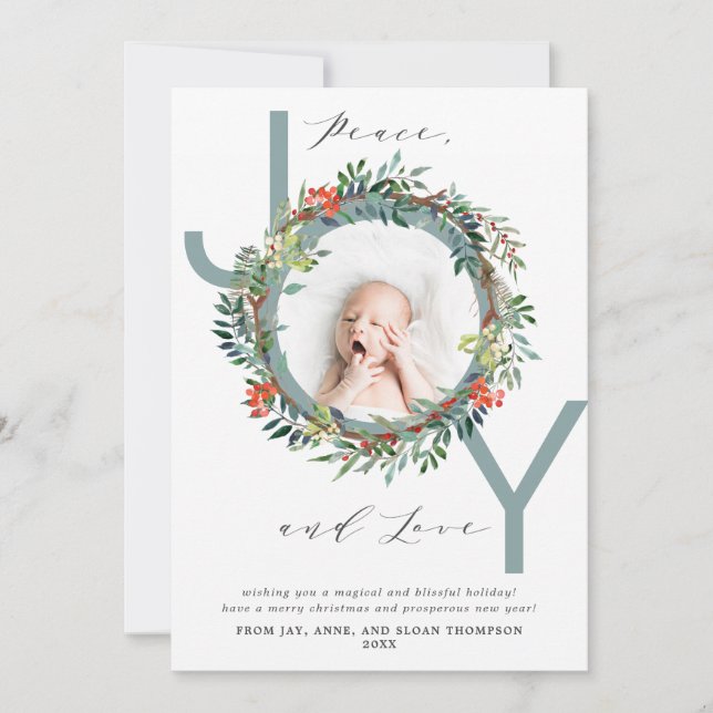 JOY Christmas Wreath Blue Baby Photo Holiday Card (Front)