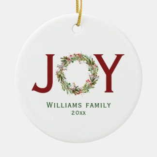 Joy Christmas Wreath Family Name Ceramic Tree Decoration