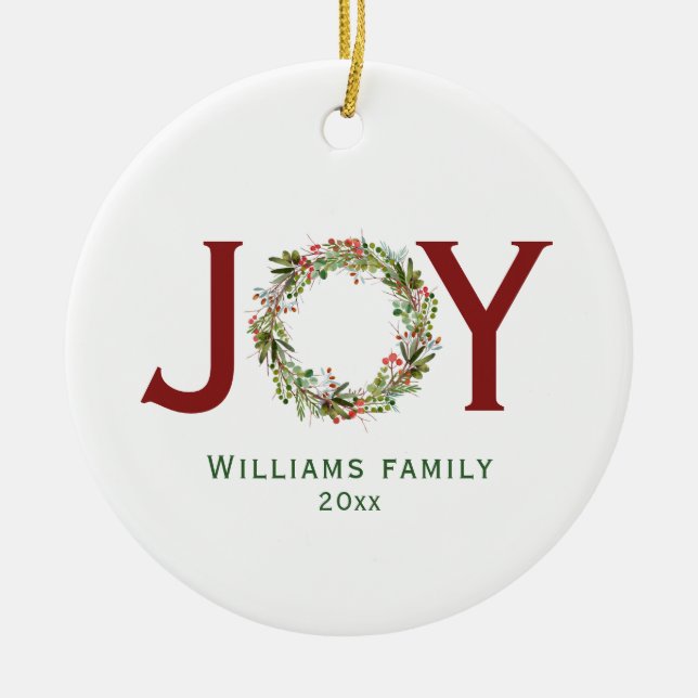 Joy Christmas Wreath Family Name Ceramic Tree Decoration (Front)