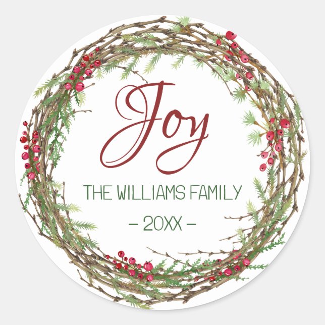 Joy - Christmas Wreath Family Name Classic Round Sticker (Front)