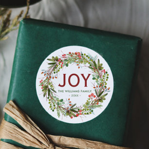 Joy - Christmas Wreath Family Name Classic Round Sticker