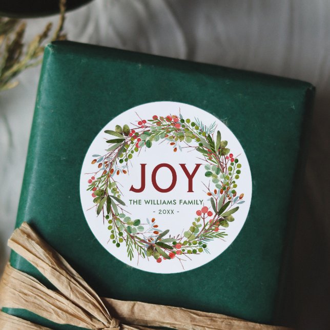Joy - Christmas Wreath Family Name   Classic Round Sticker (Creator Uploaded)