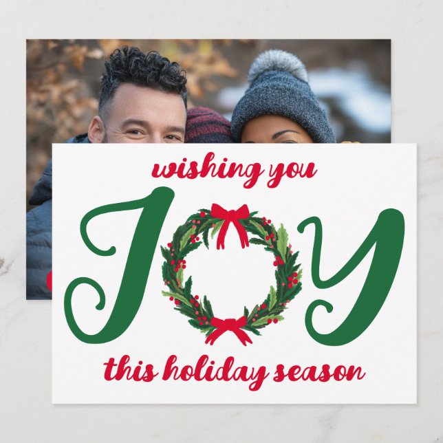 JOY Christmas Wreath Hand-Drawn CUSTOM PHOTO  Holiday Card (Front/Back)