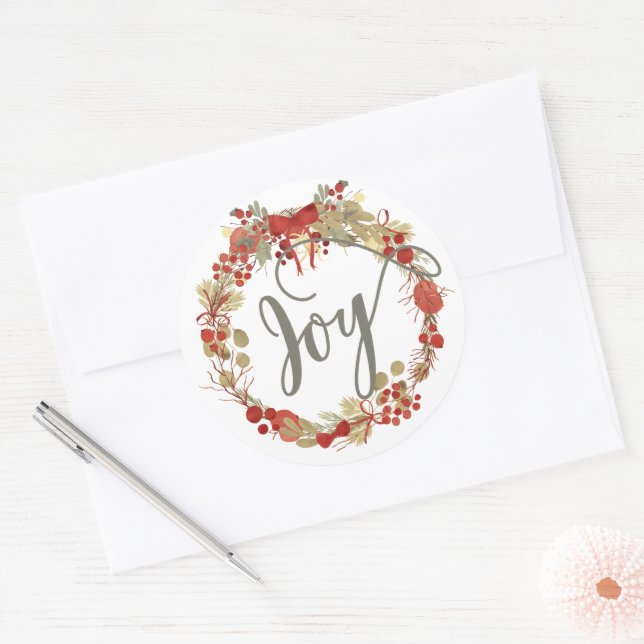 Joy Christmas Wreath Holiday Classic Round Sticker (Envelope)