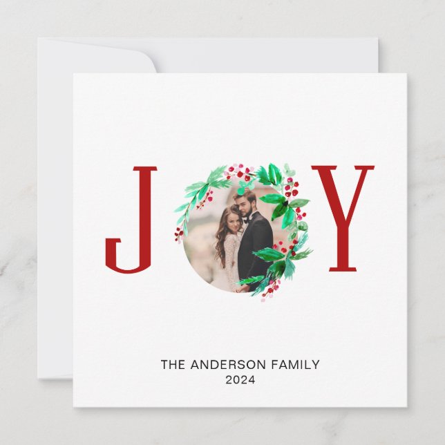 Joy Christmas Wreath Holiday Watercolor Photo Card (Front)