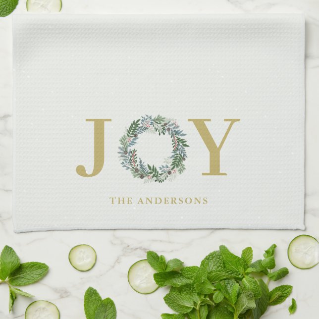 "Joy" Christmas Wreath Personalised Tea Towel (Folded)