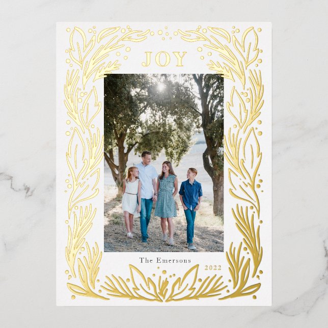 Joy Christmas Wreath Photo Foil Gold Postcard (Front)
