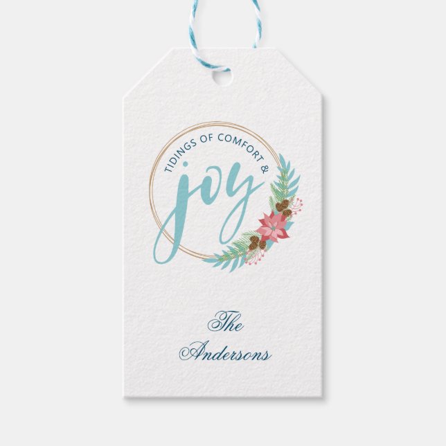 Joy Christmas Wreath Poinsettia Gift Tags (Front)