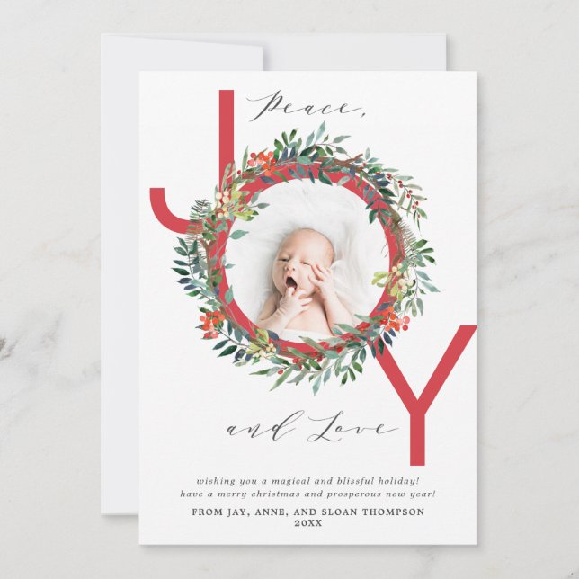 JOY Christmas Wreath Red Baby Photo Holiday Card (Front)