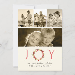Joy Christmas Wreath Retro Red Multi Photo Collage Holiday Card