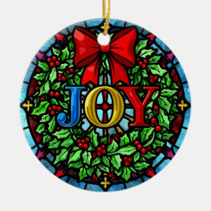 Joy Christmas Wreath Stained Glass Ceramic Tree Decoration