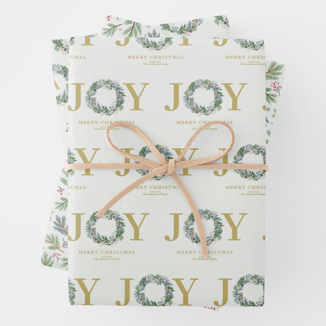 "Joy" Christmas Wreath Wrapping Paper Sheet (In situ)