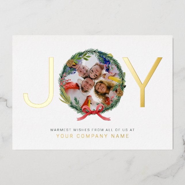 Joy Company Photo Christmas Wreath Business  Foil Holiday Card (Front)
