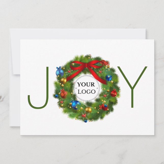 Joy Corporate Business Logo Christmas Wreath Holiday Card (Front)