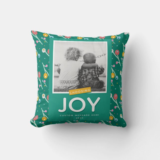 Joy Custom 1-Photo Holiday Christmas Berries Green Cushion (Front)