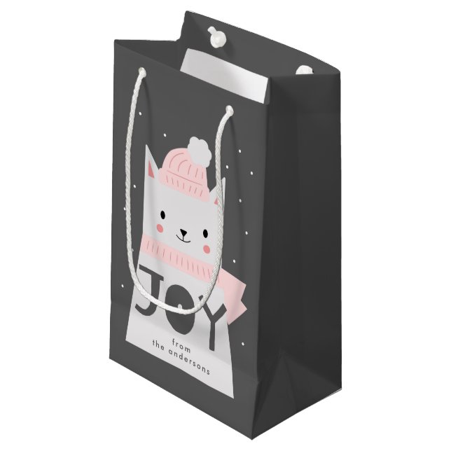 Joy Cute Cat Christmas Custom Small Gift Bag (Front Angled)