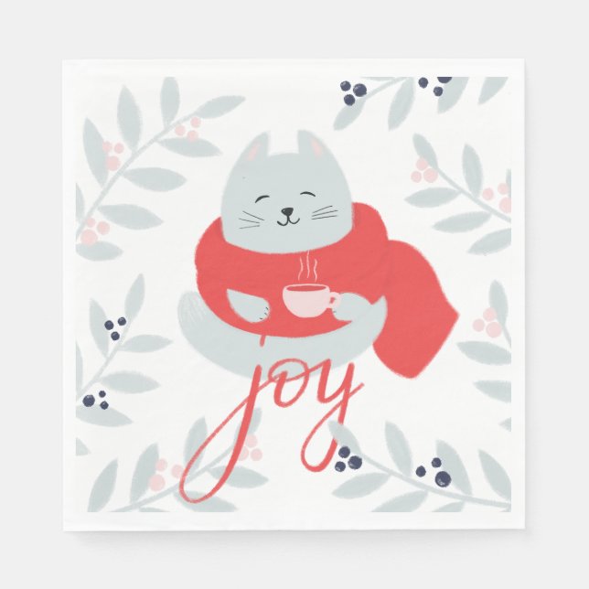 Joy. Cute Christmas cat / Winter holiday animal  Napkin (Front)