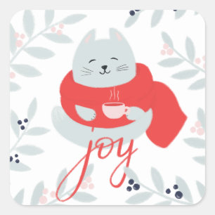 Joy. Cute Christmas cat. Winter holiday animal Square Sticker
