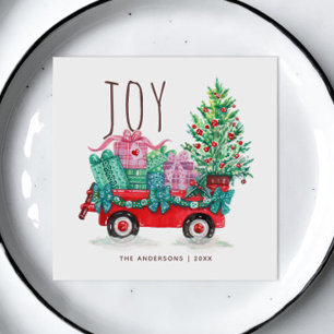 Joy. Cute Christmas tree and box winter holidays  Napkin