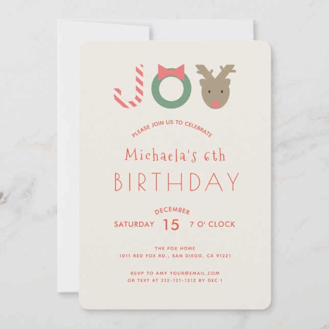 JOY Cute Reindeer Beige Birthday Party Invitation (Front)