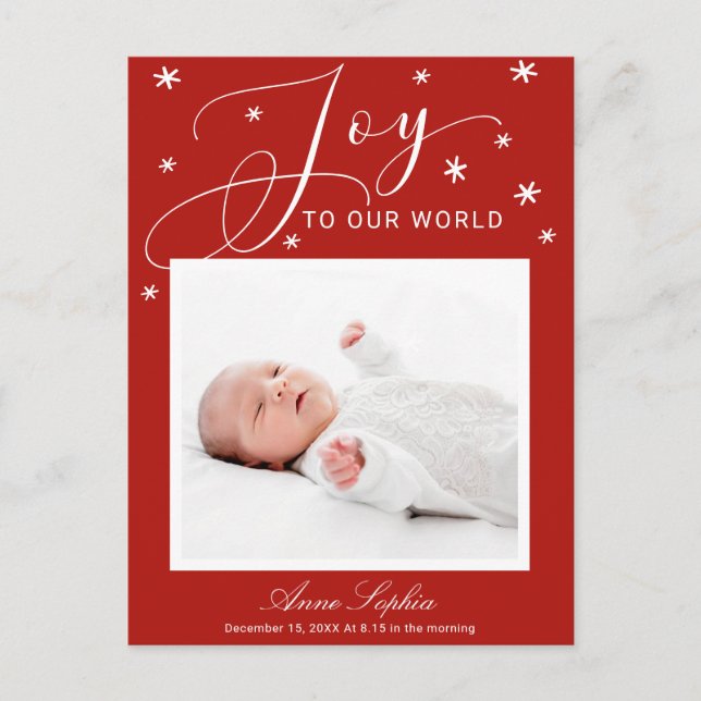 Joy Cute Script Photo Christmas Birth Announcement (Front)