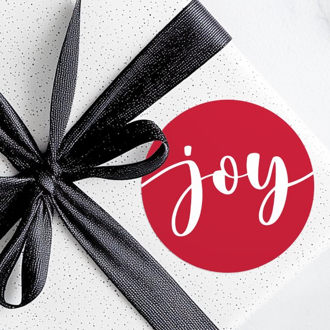 Joy cute script simple typography red Christmas Classic Round Sticker (Joy cute script simple typography red Christmas Classic Round Sticker)