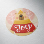 Joy. Cute winter Christmas woodland bear animal Classic Round Sticker<br><div class="desc">"Joy" Christmas Sticker with cute funny cartoon woodland bear animal in pink blush red colours for winter holidays.</div>