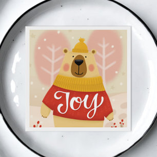 Joy. Cute winter Christmas woodland bear animal Napkin