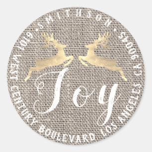 Joy Deer Christmas Return RSVP Linen Rustic Gold Classic Round Sticker