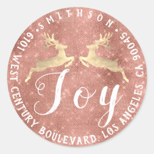 Joy Deer Christmas Return RSVP Rose Gold Spark Classic Round Sticker