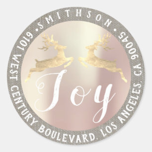 Joy Deer Christmas Return RSVP Rose Grey Linen Classic Round Sticker