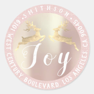 Joy Deer Christmas Return RSVP Rose Pink Linen Classic Round Sticker