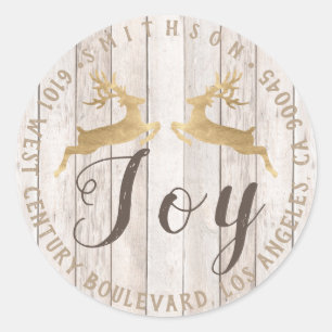 Joy Deer Holiday Return RSVP Wood Bronze Gold Classic Round Sticker