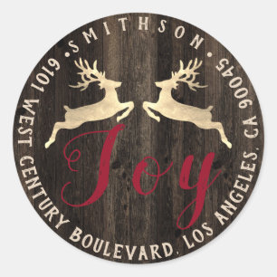 Joy Deer Holiday Return RSVP Wood Red Rustic Gold Classic Round Sticker