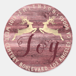 Joy Deer Holiday Return RSVP Wood Rose Rustic Gold Classic Round Sticker