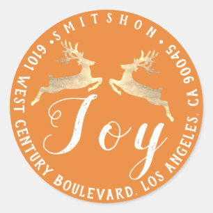 Joy Deers Holiday Return Address Orange RSVP Gold Classic Round Sticker