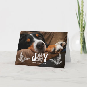 Joy Dog Paw Print and Pines Horz Photo Holiday Card