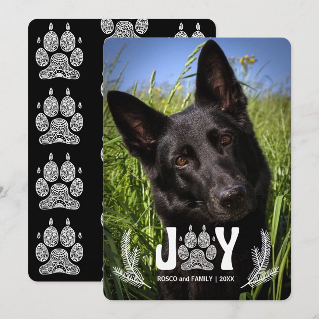 Joy Dog Paw Print and Pines Pet Lover Photo Holiday Card (Front/Back)